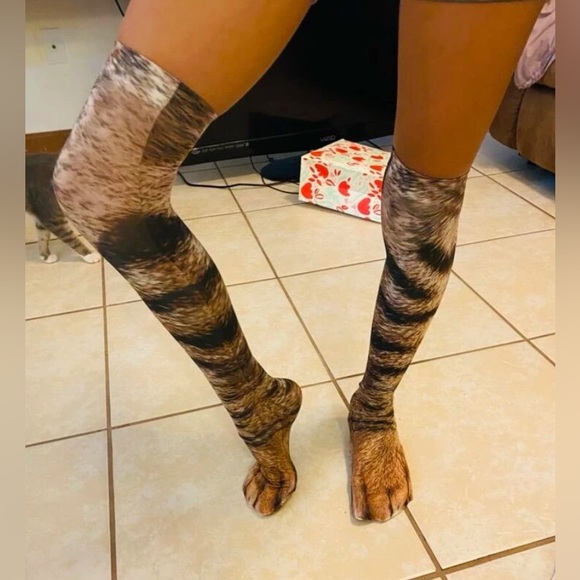 New 3D Over The Knee Realistic Fur Cat Lightweight Socks / Stretch Stockings - Picture 8 of 12
